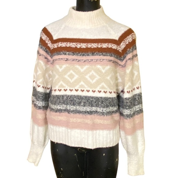 a.n.a. a new approach Cream Mock Neck Fair Isle Print Sweater Cotton-blend - Picture 1 of 7